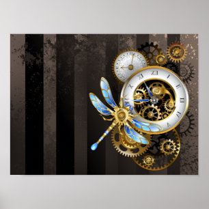 Poster Horloge à vapeur avec libellule mécanique