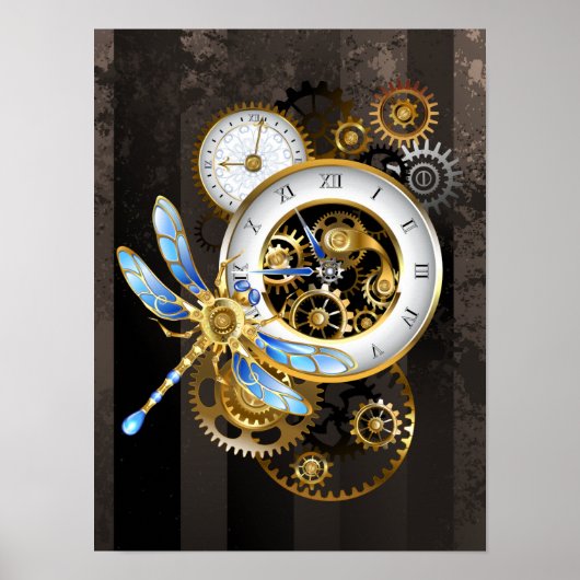 Poster Horloge à vapeur avec libellule mécanique (Devant)
