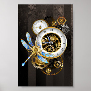 Poster Horloge à vapeur avec libellule mécanique