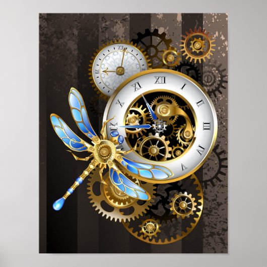 Poster Horloge à vapeur avec libellule mécanique (Devant)