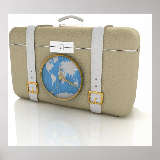 Poster Horloge de valise de voyage vintage carte du monde (Devant)