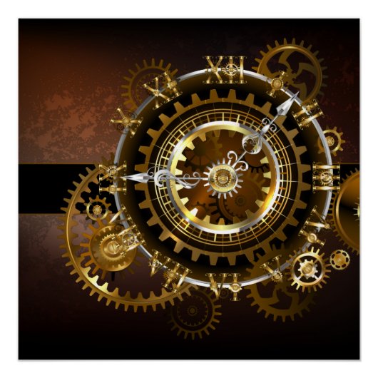 Poster Horloge Steampunk avec des engrenages anciens (Devant)