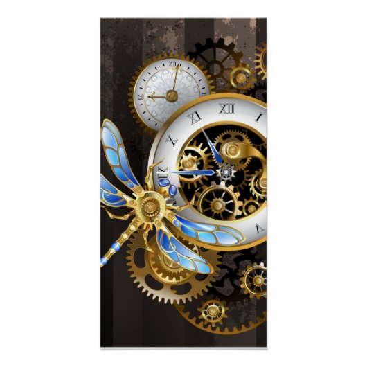 Poster Horloge Steampunk avec Libellule Mécanique (Devant)
