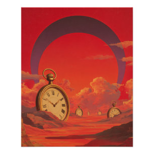 Poster Horloge surréaliste du désert rouge Toile de fond