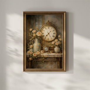 Poster Horloge Vintage et Roses