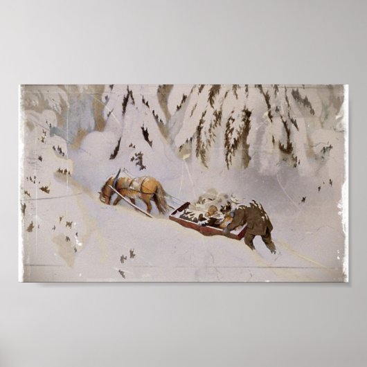 Poster Horse Pulling Sled Through the Woods (Devant)