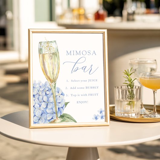 Poster Hortensias bleus et bar Mimosa à verre doré