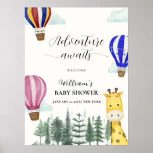 Poster Hot Air Balloon Jungle Giraffe Baby shower Bienven
