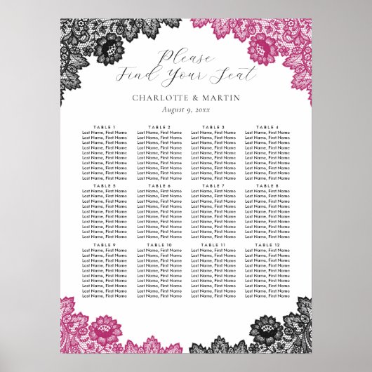 Poster Hot Pink and Black Wedding Seating Chart 12 (Devant)
