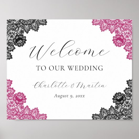 Poster Hot Pink and Black Wedding Welcome Sign (Devant)