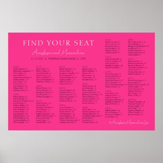 Poster Hot Pink Fuchsia Wedding Alphabetical Seating (Devant)