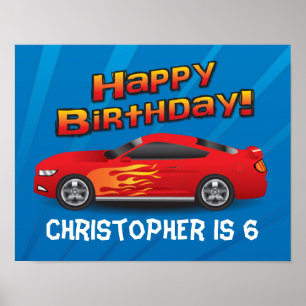 Poster Hot Red Race Car avec Flames Boy's Birthday Party