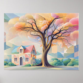 Poster House and Tree in Art Deco Pastels