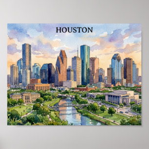 Poster Houston Texas Artwork Aquarelle Rétro