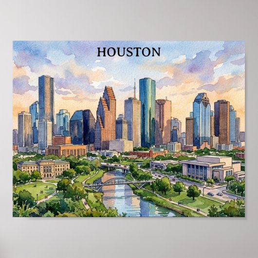 Poster Houston Texas Artwork Aquarelle Rétro (Devant)