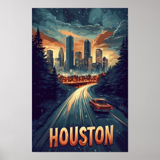 Poster Houston USA Illustration Vintage Voyage (Devant)