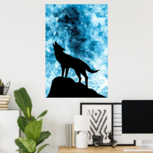 Poster Howling Winter Wolf enneigé bleu fumée Abstraite