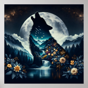 Poster Howling Wolf Pleine lune Ai Art