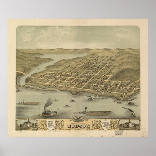 Poster Hudson WI 1870 Carte panoramique antique (Devant)