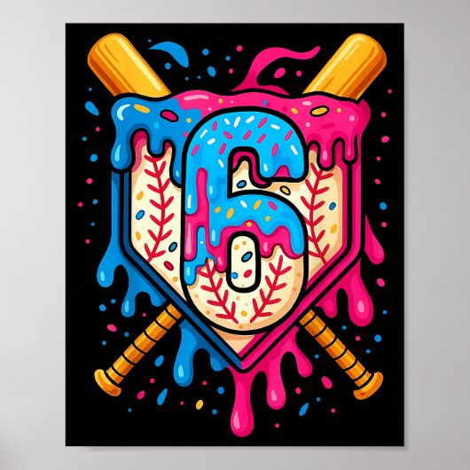 Poster Hugvyn 6th Birthday Baseball Ice Cream Drip Number (Devant)