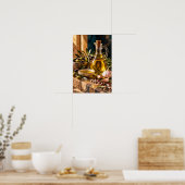 Poster Huile d'olive dorée avec olives et ail – Rustique (Cuisine)