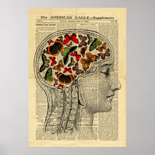 Poster Human Head Brain Butterflies over de krant (Voorkant)