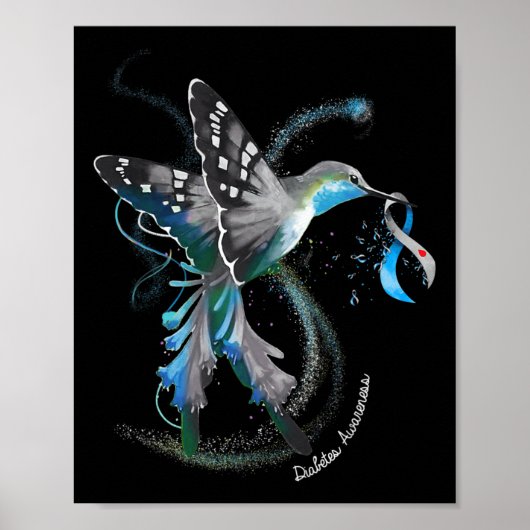 Poster Hummingbird Holding Grey Blue Ribbon T1d Diabetes (Devant)