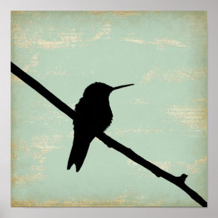 Poster Hummingbird Silhouette on Blue Grunge Background