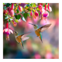 Hummingbirds Fuchsia Flowers Iridescent Dance