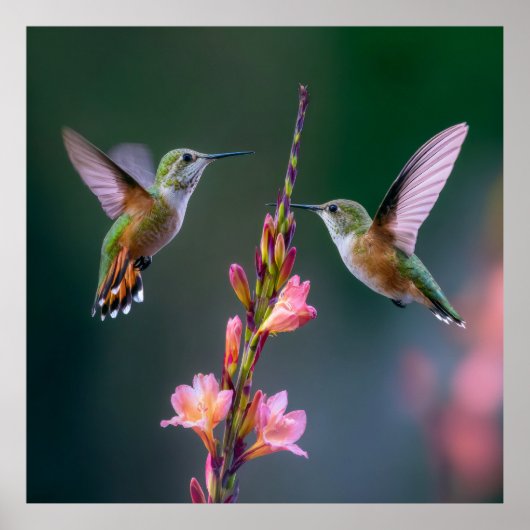 Poster Hummingbirds Gladiolus Flowers Iridescent Pair (Devant)