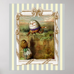 Poster Humpty Dumpty et Alice sur bandes bleu et blanc