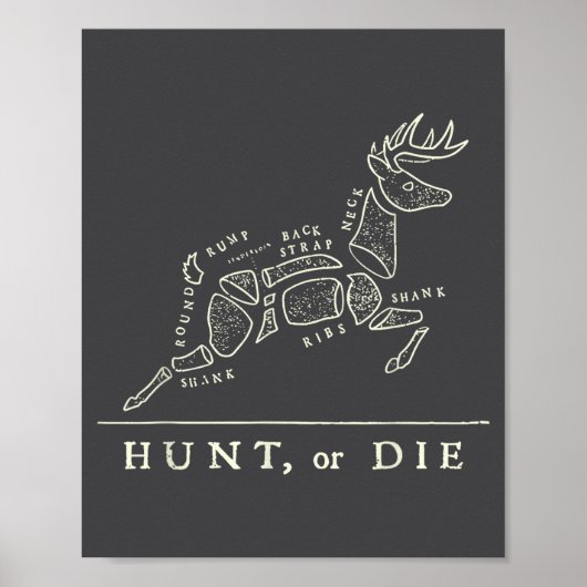 Poster Hunt Or Die Funny Hunting Quote Deer Butcher Chart (Devant)