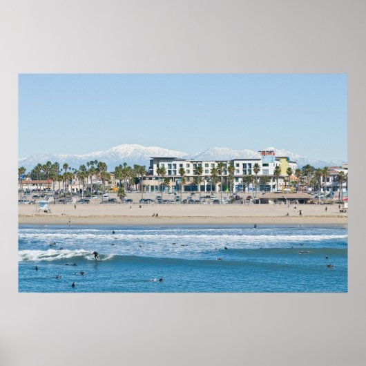 Poster Huntington Beach et Snow Capped Mountains (Devant)