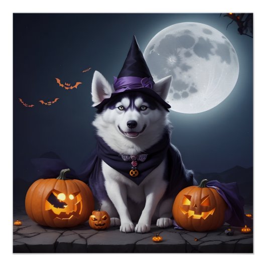 Poster Husky Chien Halloween Aventure Lune Magie Éffrayan (Devant)