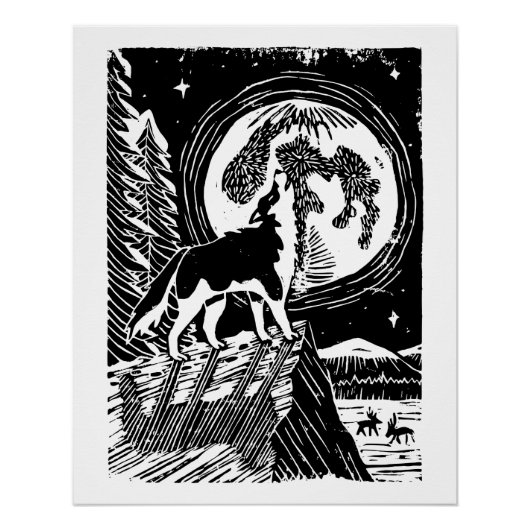 Poster Husky Howling noir et blanc à Night Linocut (Devant)