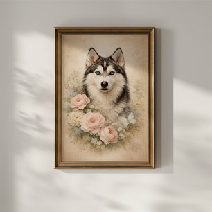 Poster Husky sibérien avec des roses