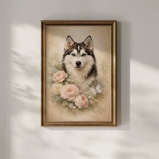Poster Husky sibérien avec des roses