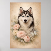 Poster Husky sibérien avec des roses (Devant)