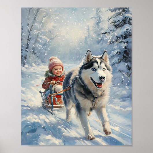 Poster Husky tire un enfant sur une traîne (Devant)
