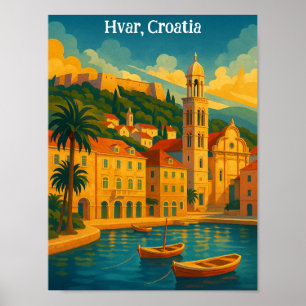 Poster Hvar Croatie Coloré Voyage Artistique Vintage