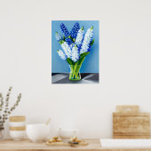 Poster Hyacinthes blancs dans un vase en verre sur bleu (Cuisine)
