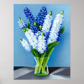 Poster Hyacinthes blancs dans un vase en verre sur bleu (Devant)