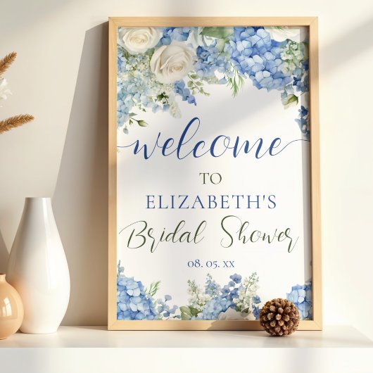 Poster Hydrangea Bleu Roses Blanches Écriture Florale Bie