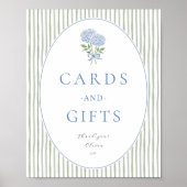 Poster Hydrangea Bleue et Rayures, Table de Cartes et Cad (Devant)