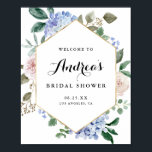Poster Hydrangeas Aquarelle Bleue Mariage Fête avec Feuil<br><div class="desc">Accueillez vos invités avec ce panneau de bienvenue personnalisable élégant pour la fête de mariage. Il présente des hydrangeas bleus aquarelle, des pivoines pastel, des feuilles d'eucalyptus, de la verdure et un cadre en feuille d'or faux. Personnalisez ce panneau de bienvenue botanique en ajoutant les détails de votre événement. Ce...</div>