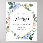 Poster Hydrangeas Aquarelle Bleue Mariage Fête avec Feuil (Devant)
