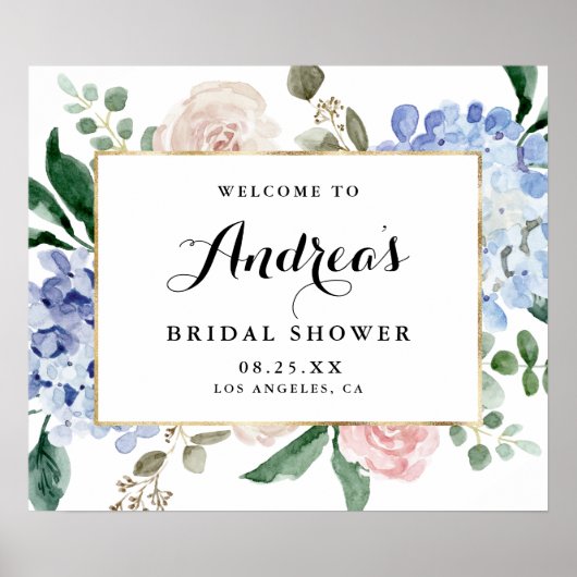 Poster Hydrangeas Aquarelle Bleue Mariage Fête Doré (Devant)