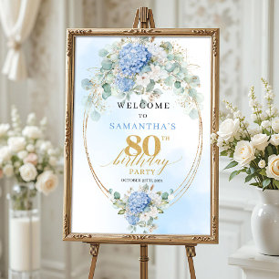 Poster Hydrangeas Bleu Clair Or 80e anniversaire de bienv