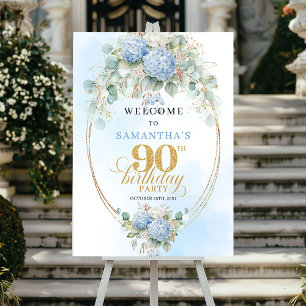 Poster Hydrangeas Bleu Pastel Or 90ème anniversaire de bi