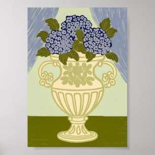 Poster Hydrangeas Bleus Élégants dans une Urne Dorée Clas
